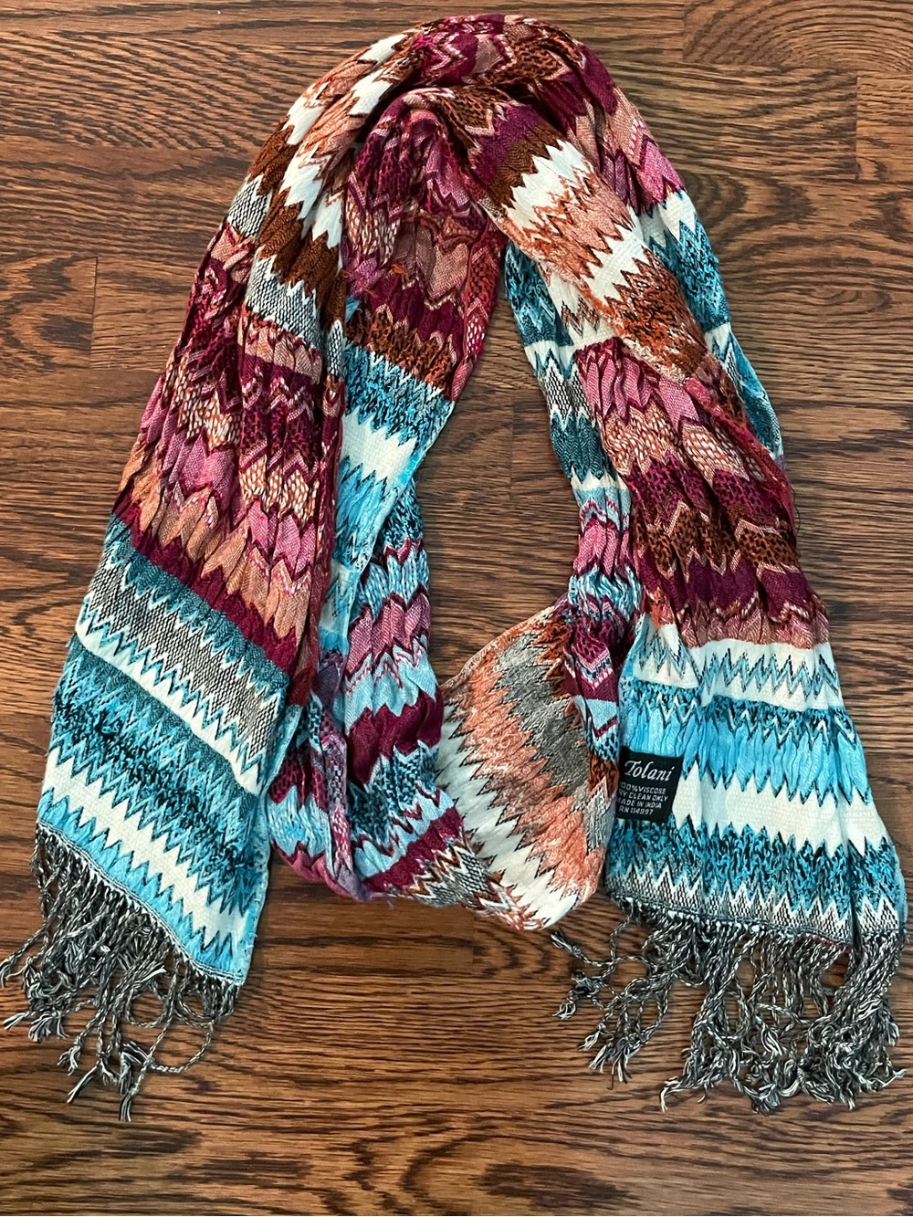 Tolani Blue and Plum Knit Scarf with Fringe One Size